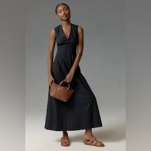 Anthropologie Maeve Midi Dress Black Hailey V Neck Pintuck Preppy small  P NWT